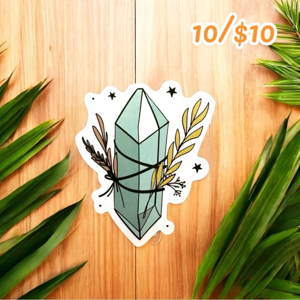 Green Crystal Sticker with Botanical Accents – Approx. 2”